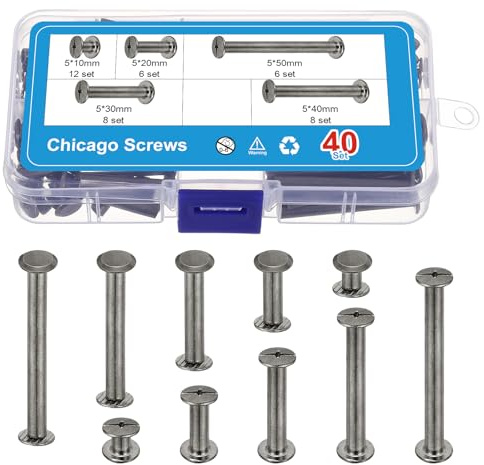 PATIKIL 80Sets Chicago Screws, M5 x 10/20/30/40/50mm Carbon Steel Chicago Screw Phillips Binding Post Screw Rivets for Leather Belt Scrapbook, Black Nickel
