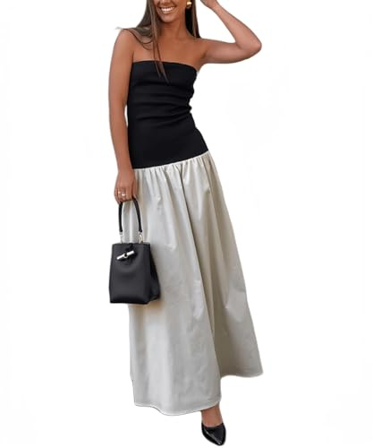 YOXUA Women's Summer Strapless Sleeveless Patchwork A-Line Tube Long Maxi Dress, Off Shoulder Beach Maxi Dress Grey