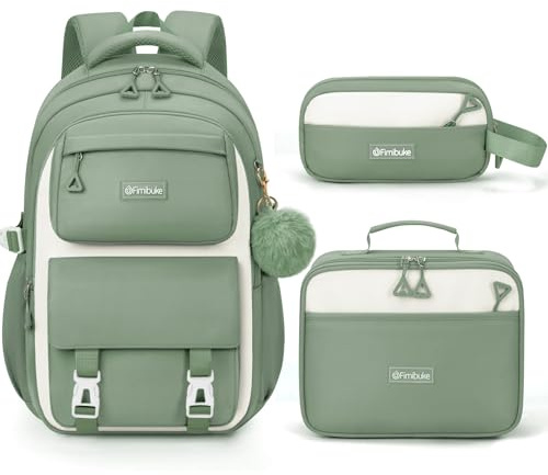 Fimibuke Backpacks for Girls, 3 PCS Waterproof School Backpack with Lunch Box & Pencil Pouch for Kids Teen Girl, Cute Bookbag School Bag for Elementary Middle High School Student Ages 6+(Green)
