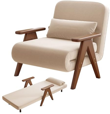 Letto Pieghevole Poltrona Letto Singolo Con Materasso 3 in 1 Sofa Cama Regolazione Dello Schienale In 5 Posizioni Gambe in Legno Massello A V Cuscino Incluso(65 * 80 * 82cm)