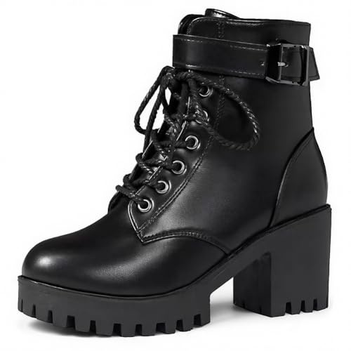 Dernolsea Women Lace Up Chunky Platform Heeled Ankle Boots | Mid Block Heel, Zip Closure, Buckle Strap Decor, Faux Leather, Round Toe