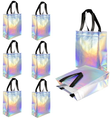 8 Pcs Glossy Rainbow Party Bags, Holographic Girls Gift Bag with Handle, Reusable Non-Woven Bag for Girls Birthday, Christmas, Frozen Party Bags, Wedding