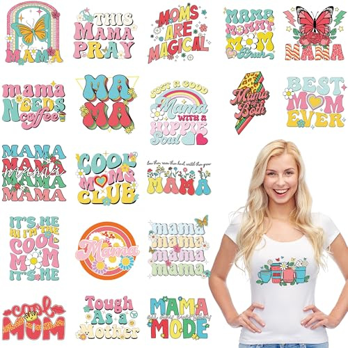 Mom Iron-On Transfers | 20 Pcs Colorful DTF Heat Transfer Vinyl, Mother's Day Decals for Clothing Bag T-Shirts, DIY Crafts, Gifts Mom Her Mother Nana
