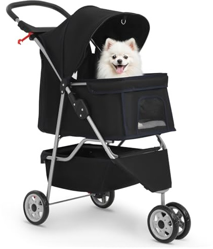 BestPet | 3-Wheel Pet Stroller | Dog and Cat Stroller | Breathable Mesh | Lightweight Travel Carrier | Waterproof & Foldable Design | Storage Basket | Black | for Daily Walks & Outdoor Use
