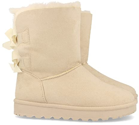 shoes&blues.es 52905-Botin Plano para Mujer, Estilo Australiano, Forrado de Pelo, de Punta Redonda y con Lazos en el Contrafuerte como Detalle, Otono Invierno 2020. Talla 40 Beige