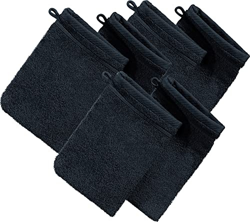Erwin Müller Waschhandschuh Heidelberg 6er- Pack, 100% Baumwolle schwarz Größe 15x21 cm - weiche Qualität, saugstark und strapazierfähig - praktisch durch Schlaufe