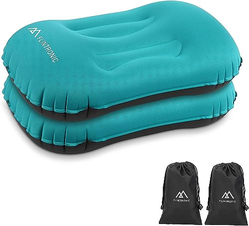 Flintronic 2Pack Inflatable Camping Pillows for Neck & Lumbar Support - Ultralight Beach Pillow With Storage Bags, Blow Up Ergonomic Air Pillow for Travel/Camping (Blue)
