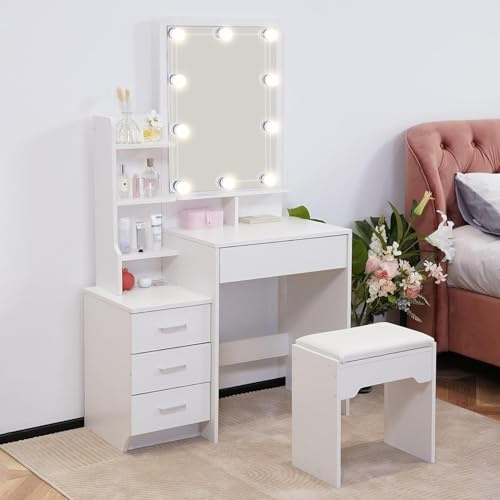 LEMROE Hollywood Dressing Table with LED Mirror and Stool, Faux Leather Makeup Table with 7 Shelves and 4 Drawers Vanity Dresser for Women Girls, Modern Bedroom Furniture (4 Drawers)