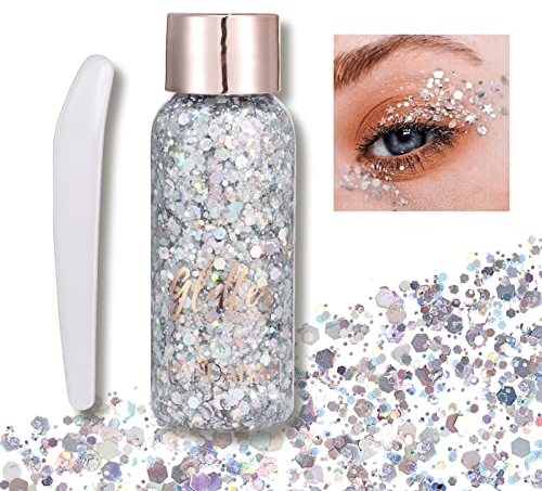 Lentejuelas de sirena con purpurina líquida,sombra de ojos,Purpurinas Polvo,Purpurina Líquida para Maquillaje Festival,Body Glitter Gel,Cara Maquillaje Pelo Arte Corporal Uñas y Mejilla(Plata)