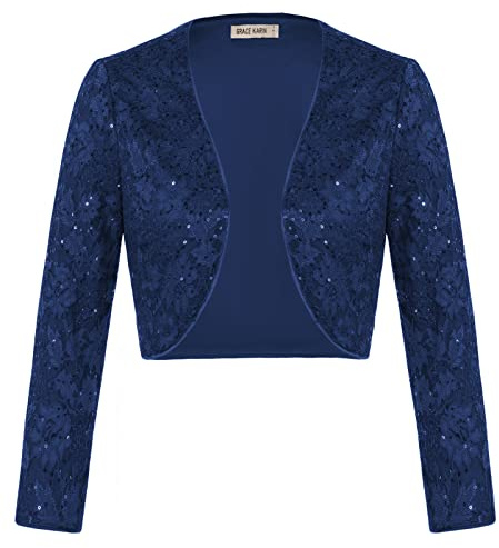 GRACE KARIN Women Wedding Cardigan Festival Clothes Batwing Wrap Shrug Long Sleeve Open Front Cropped Bolero Navy Blue Sequin XXL
