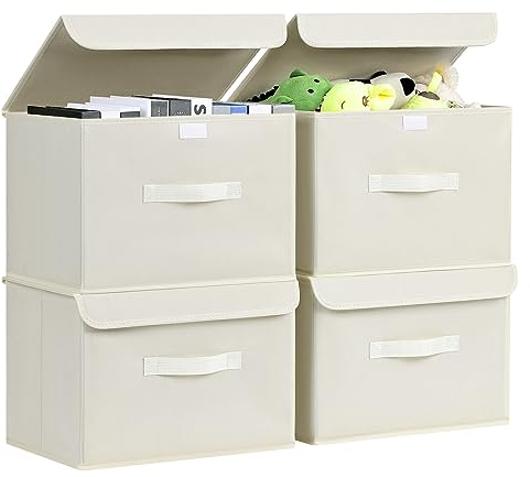 DIMJ 4 Stück Aufbewahrungsboxen mit Deckel, Faltbare Aufbewahrungskiste mit Griff, Aufbewahrungskorb Stoff, Ordnungsboxen Kleiderschrank Organizer, Faltbox für Kleidung, Beige