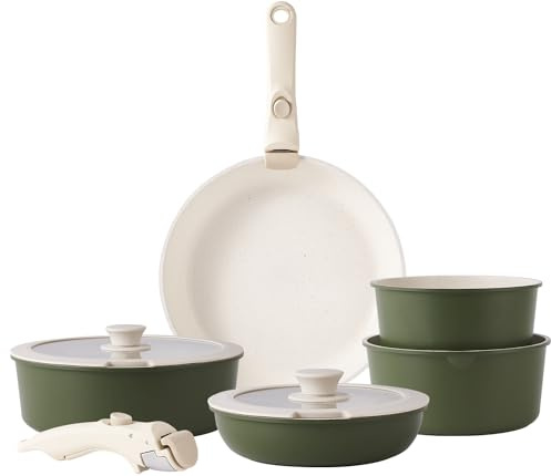 RIOVARM Induction Pots and Pans Set with Removable Handles, Non-Stick Granite Stackable Cookware Set with Silicone Lids, Space-Saving Pot & Pan Sets without PFOA, Frying Pan, Casseroles