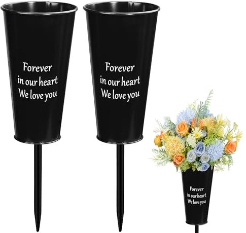 Metal Cemetery Vases - 2 Pcs Metal Memorial Grave Vases with Stakes for Grave or Garden, Outdoor Lawn Yard Funeral Decorations (2Pcs,Black)