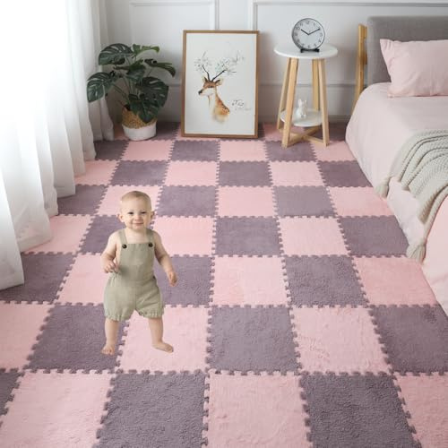 Gsogcax 10PCS Foam Play Mats for Floor 30x30cm Rugs for Living Room Soft Shaggy Rug Baby Large Interlocking Foam Play Mat Carpet Squares Anti-Skid Floor Carpet - Light Pink