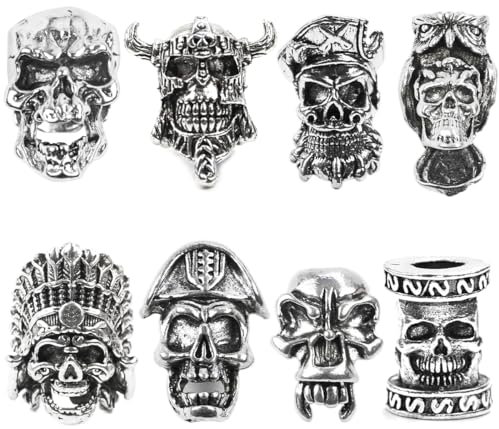 XPEX 8 Stück Skull Knife Lanyard Bead,Paracord Beads, Edc Charm Beads, Antique Silver Large Hole Beads Paracord Cord Tool Bead, Bartperle Für Schlüsselanhänger (Bohrung 5.5 Mm)