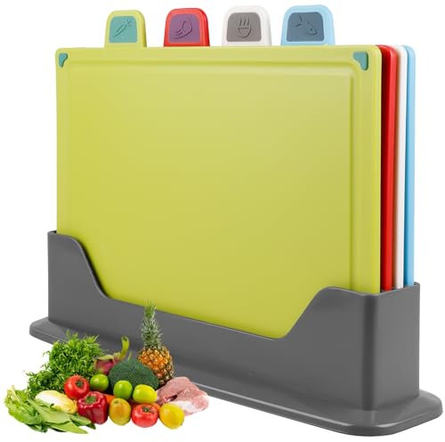 5-Piece Chopping Board Set, 33.5 cm x 23.5 cm, Colour-Coded Chopping Board, Plastic Chopping Boards with Stand, Safe BPA-Free, Kitchen Cutting Board for Fruit, Vegetables, Meat, Fish
