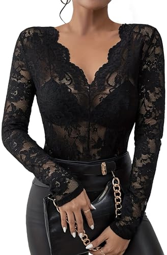 AIEOE Mujeres Tops de Manga Larga Cuello en V Encaje Clubwear Sheer Lace Top Transparente Camisa Túnica Floral Tamaño S Negro