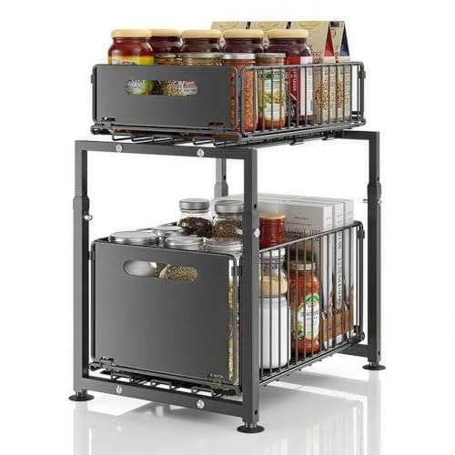 Under Sink Storage,2 Tier Slide Out Sink Shelf Cabinet Storage Metal Shelves, Height Adjustable Kitchen Undersink Organiser, Multi-Purpose Storage Shelf for Kitchen Bathroom Cabinet (Black, A)