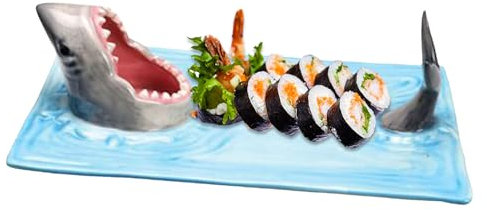 Hai-sushitallrik – haj-kak-mellanmål-ostbräda, 33 x 22 cm handmålad keramikplatta, keramisk varm-pot-tallrik, sushiostbräda, keramisk bricka, kreativ för matbord, köksdekoration