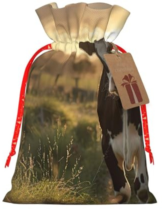 Bolsas de regalo de Navidad con estampado de vaca lechera con cordón, saco festivo de Navidad, fiesta de cumpleaños, embalaje de regalo