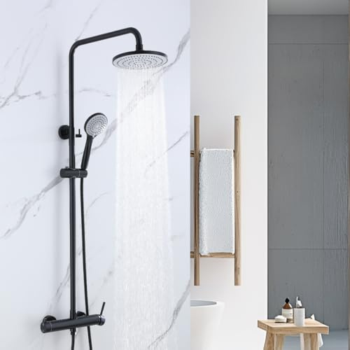 Dileci Duschpelare med 2 funktioner i rostfritt stål matt svart finish - duschhuvud regn och handdusch - enkel installation och kompatibel med standardvatteninlopp