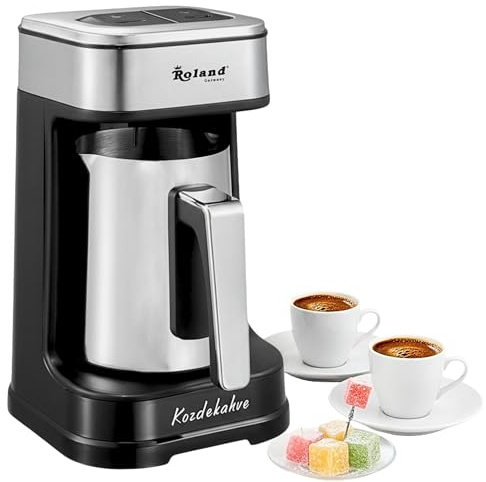 Roland Germany Türkische Kaffeemaschine, 600W, Kaffeekanne, Slow COOK Technologie, 4 Tassen Kapazität, mit Kaffeemesslöffel, Doppelter Ausguss, Ton- und Lichtwarnsystem (1, Silber)