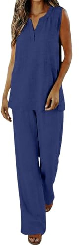 Conjunto de 2 piezas de lino Co Ord para mujer, trajes de verano para viajes al aeropuerto, camisetas sin mangas y pantalones de pierna ancha, talla grande, ajuste holgado, conjunto de ropa de