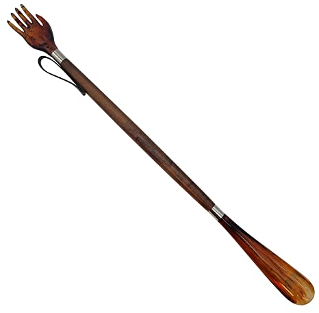DELFA Schmuck Schuhanzieher Kratzhand - Schuhlöffel mit Kratzhand und Schaft aus braunem Holz - 57 cm lang