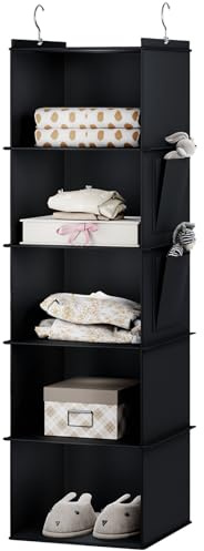 YOUDENOVA Hanging Storage 5 Shelves Closet Organizers and Storage Foldable Hanging Shelves with Side Pockets Wardrobe Storage Organizer for Clothes Black