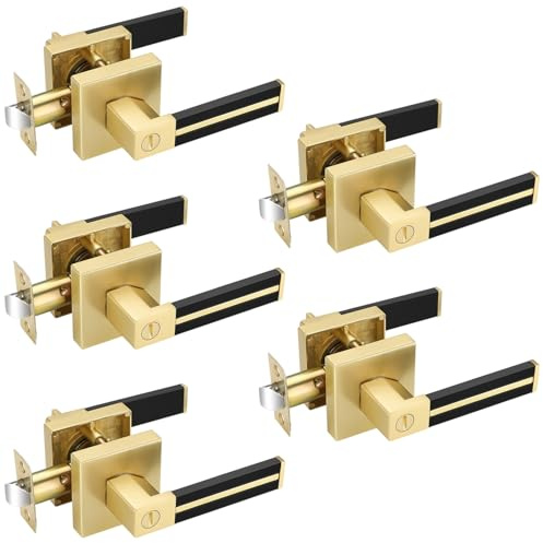 EHOMEWARE Pack of 5 Gold Door Handles, Privacy Door Handles for Bedroom, Bathroom, Interior Brass Door Knobs with Black Leather, Heavy Duty Lever with Modern Design