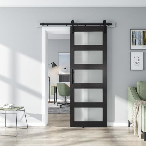 ALAMEDADT 30'' x 84'' Glass Barn Door and 5 Ft Hardware Kit Included, MDF White Barn Door Slab with Frosted Glass, PVC Surface, Combined with Handle and Floor Guide-Assembly Required, Dark Grey