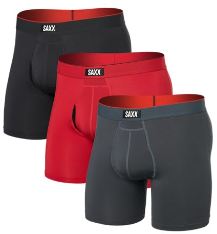 SAXX Underwear Co. Men's Underwear with Pouch Multi Sport Mesh Boxer Brief Fly 3Pk, Sunset Red/Trblnce/Fd Blk, XXL