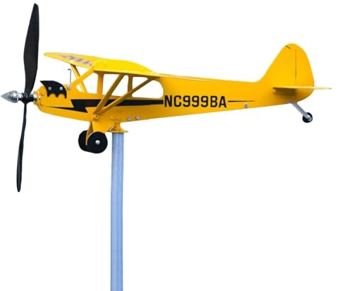 Linsition Piper J3 Airplane Weathervane | Metal Garden Wind Spinner | Rust & Weather Resistant, Multicolor Airfoil Blade, 20x18cm, 80cm Height