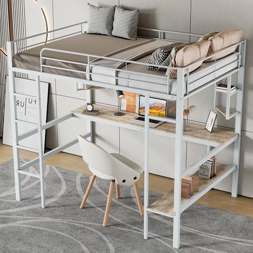 Estructura de cama de metal, cama de hierro con escritorio, cama alta con cuatro estantes pequeños y una gran estantería para niños, adolescentes y adultos (blanco, 90 x 200 cm)