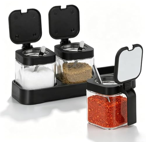 DIYJEP Condiment Jar Spice Container with Lids and Spoons, Clear Square Glass Condiment Jars, Flip Lid Seasoning box Container for Kitchen Condiments Sugar Masala Salt Seeds Grains Tea Storage (Black)