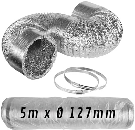 CONTROL GARDEN Tubo Flexible Aluminio Color Plateado Ø 127 mm Longitud 5 m | Conducto Aire Ventilación + 2 Abrazadera Acero | Manguera Flexible Extractor de Aire