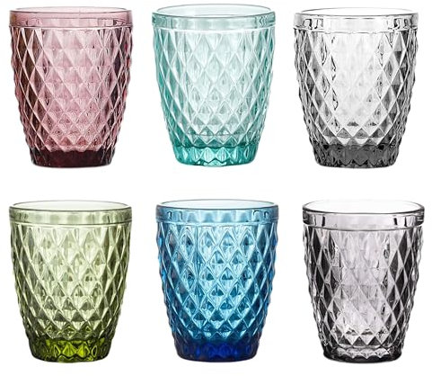 TRESV Set de 6 Vasos Colores o Transparente, Vaso de Cristal agua de 250ml, Vaso de Agua y Bebidas, Aptos para Lavavajillas (6 colores)