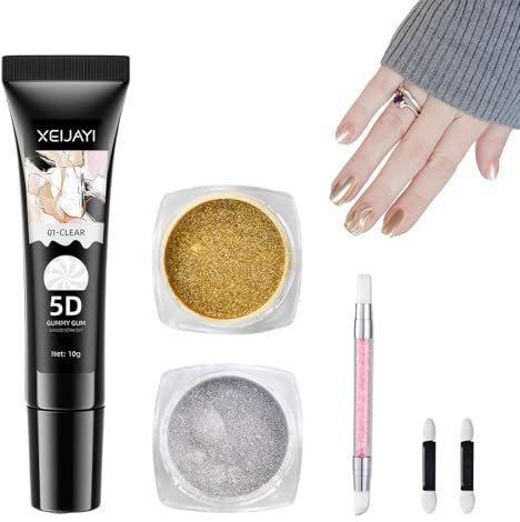 3D Skulptur Nail Gel 2 Flaschen Gold Chrome Nail Powder,10g Carving Nail Glue Gel,Geeignet für Nail-Art-Design,Diy-Nail-Art-Styling,Sind 2 Wattestäbchen und 1 Punktstift Enthalten