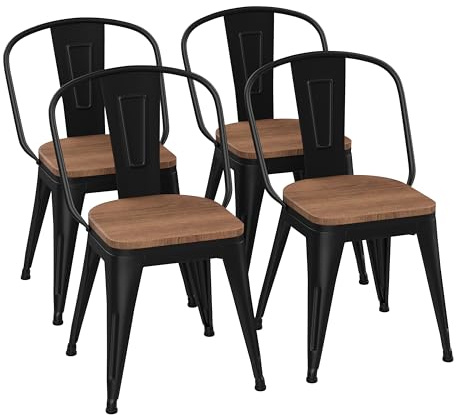 18 Inch Metal Dining Chairs,Arlunar Farmhouse Chairs Set of 4 Black Dining Room Chairs Stackable with Back and Wooden Seat bar stools