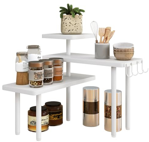 IBUKYE Étagère d'angle de Cuisine à 3 Niveaux,Porte-épices avec Crochets, Organisateur de comptoir,pour Rangement d'épices,pour Salle de Bain, comptoir, Armoire, Plante,Blanc,TLJ023W