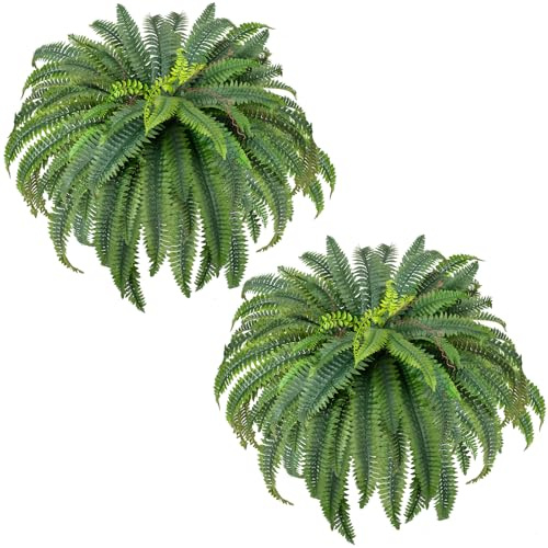 CQURE 48 Large Fake Fern Artificial Ferns for Outdoors,Set of 2 88 Fronds Realistic Artificial Boston Ferns Bush Plant for Indoor Outdoor Garden Porch Decor (Lifelike,UV Resistant,No Maintenance)