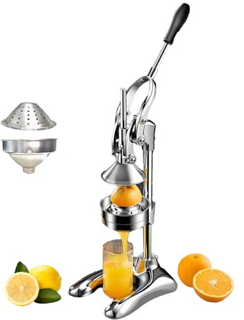 KAJILE Handpressad Fruktpress,Citruspress Av Rostfritt Stål Med Spakpress,Manuell press med två set av presslock och filter för citroner och apelsiner,Silvervit