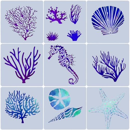 GORGECRAFT 9 Pochoir Animal Marin Hippocampes Étoiles de Mer Corail Coquillage Créatures de L'Océan Vie Marine Pochoirs pour Peinture sur Bois Mur Carte Sol Toile Carrelage Scrapbooking 13 x 13cm