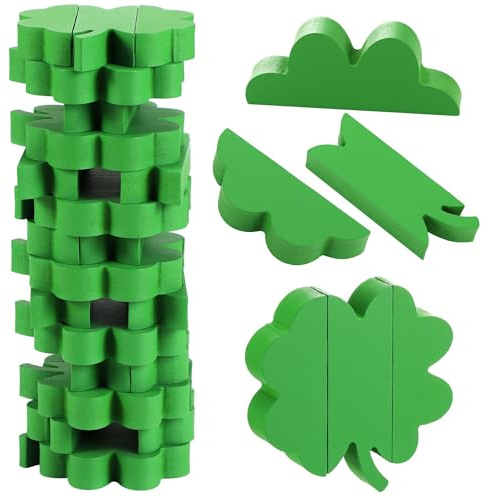 Seenelling 45 Pcs St Patrick's Day Wooden Blocks Stacking Game Four Leaf Clover Blocks Game Adult Fun Green Tumbling Tower Balance Board Toy for Irish Family Activities Party Gift Decoration