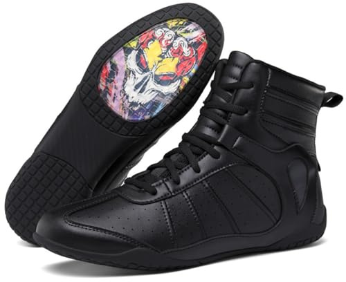 Hixingo Chaussures de Lutte pour Homme Femme 38-46, Chaussures de Boxe avec Antidérapantes Semelles en Caoutchouc Légère et Respirantes pour Boxe, Kickboxing, Lutte (QJ996 Noir,38)
