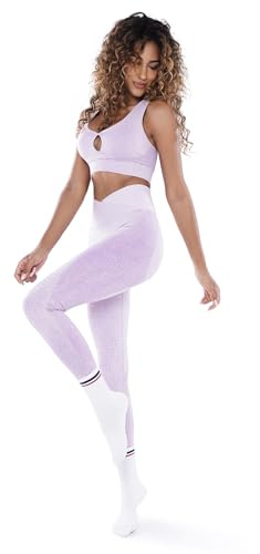Athleas Samira Leggings Sportivi Donna Vita Alta a V Incrociata Pancia Piatta e Scrunch Push-up Glutei con Squat Proof | tg. XS/S Rosa Stonewash