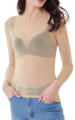 Kate Kasin Nude Mesh Top for Women, Long Sleeve Sheer Blouse, Basic Lightweight See Through Tops Nude M