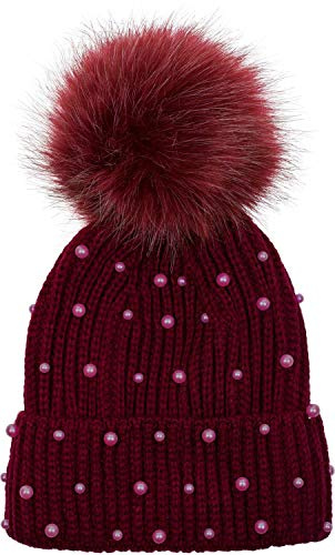 styleBREAKER Cuffia con Pompon Lavorato a Maglia da Donna con Perline e Fodera in Pile, Berretto con Pompon in Pelliccia Sintetica Invernale 04024155, Colore:bordò-Rosso