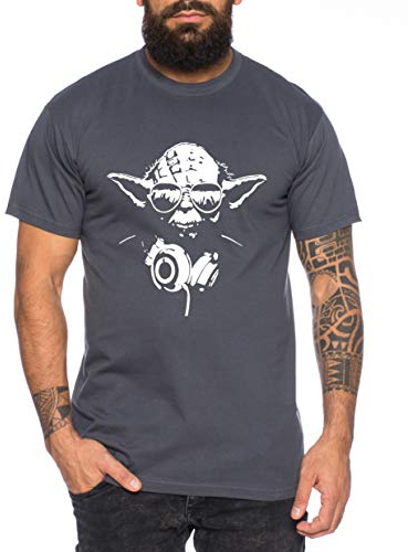 Tee Kiki Yoda - T-Shirt pour Homme DJ Yoda Jedi Ritter The Empire Turntables Music Rave House Trance Techno Geek, Farbe2:Gris foncé, Größe2:Large