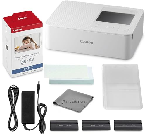 Canon Selphy CP1500 Photo Printer Bundle (White) with KP-108 Paper (108 Sheets) 3 Color Ink Cartridges & Tudak Cleaning Cloth – Wireless Compact Dye-Sub Printer Kit